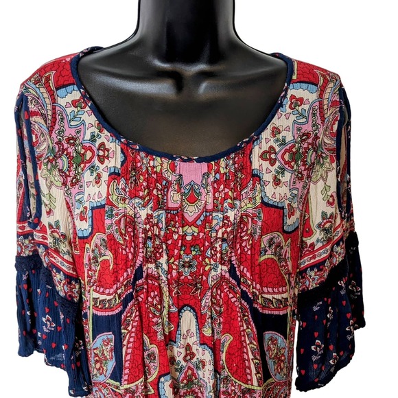 Bila Boho Hippie Print Cold Shoulder Red Print Loose Fit Top Size Medium - Picture 4 of 7